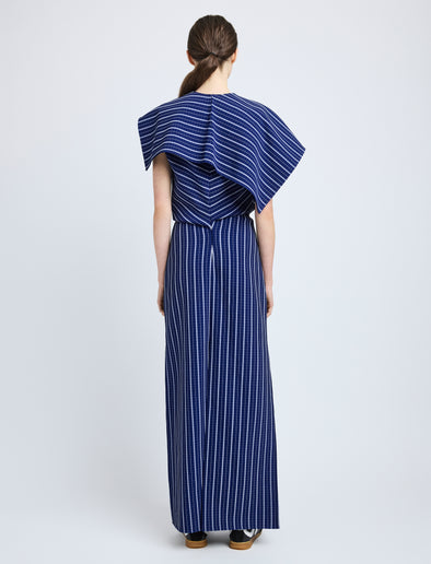 Proenza Schouler Back full length image of model wearing Selene Dress in Bi-Stretch Plaid Suiting in Cobalt Multi