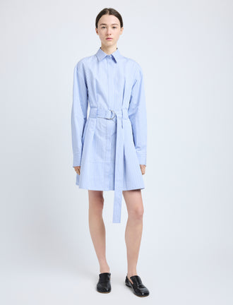 Proenza Schouler Front full length image of model wearing Viola Dress in Stripe Cotton Silk Poplin in Pale Blue Multi