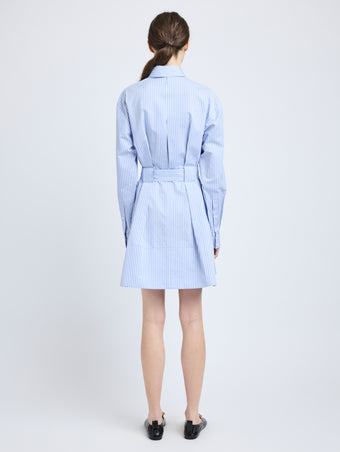 Proenza Schouler Back full length image of model wearing Viola Dress in Stripe Cotton Silk Poplin in Pale Blue Multi