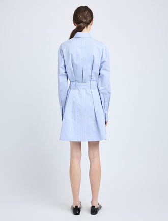 Proenza Schouler Back full length image of model wearing Viola Dress in Stripe Cotton Silk Poplin in Pale Blue Multi