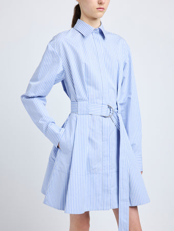 Proenza Schouler Detail image of model wearing Viola Dress in Stripe Cotton Silk Poplin in Pale Blue Multi