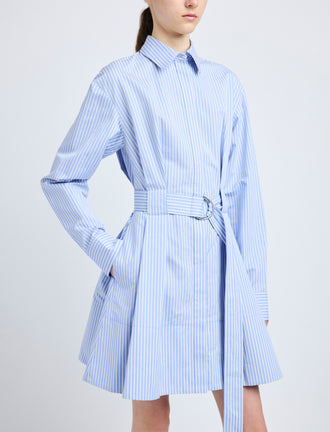 Proenza Schouler Detail image of model wearing Viola Dress in Stripe Cotton Silk Poplin in Pale Blue Multi