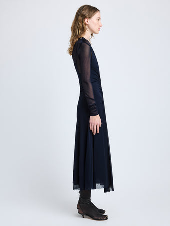 Proenza Schouler Side full length image of model wearing Kerstin Dress in Crepe Jersey in Midnight