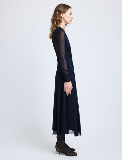 Proenza Schouler Side full length image of model wearing Kerstin Dress in Crepe Jersey in Midnight