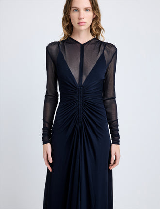 Proenza Schouler Detail image of model wearing Kerstin Dress in Crepe Jersey in Midnight