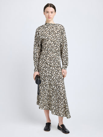 Proenza Schouler Front image of model wearing Alina Dress in Printed Silk Viscose in Sand Multi