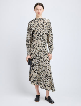 Proenza Schouler Front image of model wearing Alina Dress in Printed Silk Viscose in Sand Multi