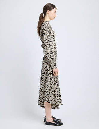 Proenza Schouler Side image of model wearing Alina Dress in Printed Silk Viscose in Sand Multi