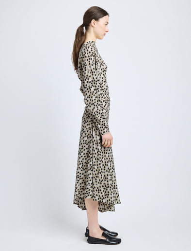 Proenza Schouler Side image of model wearing Alina Dress in Printed Silk Viscose in Sand Multi