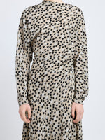 Proenza Schouler Detail image of model wearing Alina Dress in Printed Silk Viscose in Sand Multi