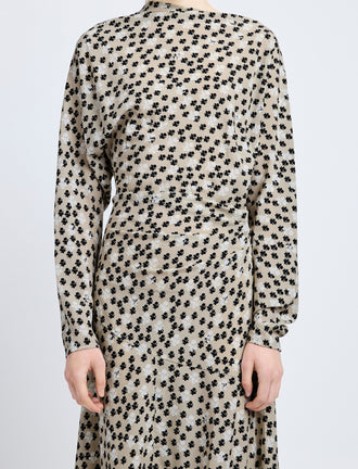Proenza Schouler Detail image of model wearing Alina Dress in Printed Silk Viscose in Sand Multi