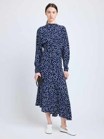 Proenza Schouler Front full length image of model wearing Alina Dress in Printed Silk Viscose in Navy Multi