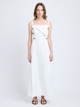 Proenza Schouler Front full length image of model wearing Candice Dress in Linen Viscose in Off White