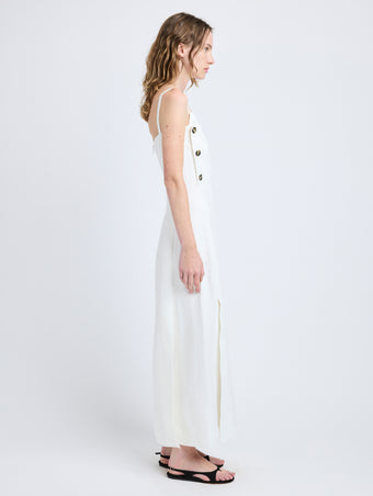 Proenza Schouler Side full length image of model wearing Candice Dress in Linen Viscose in Off White