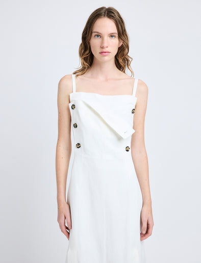Proenza Schouler Detail image of model wearing Candice Dress in Linen Viscose in Off White