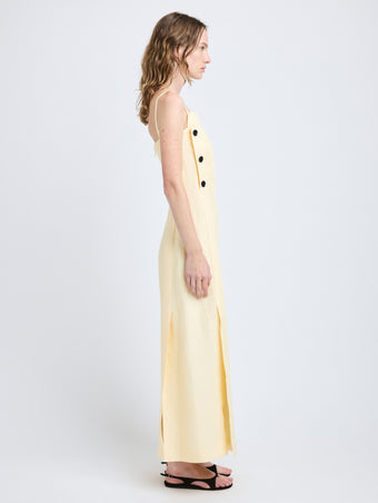 Proenza Schouler Side full length image of model wearing Candice Dress in Linen Viscose in Resin