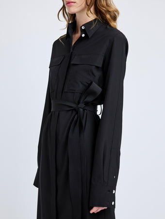 Proenza Schouler Detail image of model wearing McKenna Dress in Stretch Silk Viscose in Black