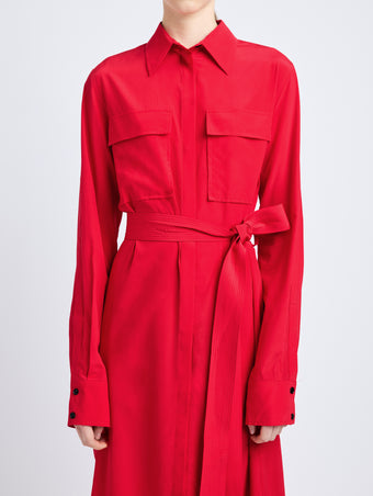 Proenza Schouler Detail image of model wearing McKenna Dress in Stretch Silk Viscose in Red