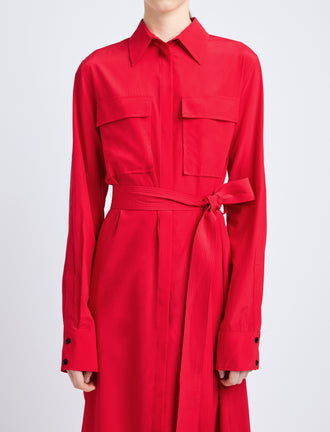 Proenza Schouler Detail image of model wearing McKenna Dress in Stretch Silk Viscose in Red