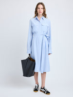 Proenza Schouler Front full length image of model wearing McKenna Dress in Stretch Silk Viscose in Pale Blue
