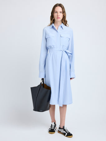 Proenza Schouler Front full length image of model wearing McKenna Dress in Stretch Silk Viscose in Pale Blue