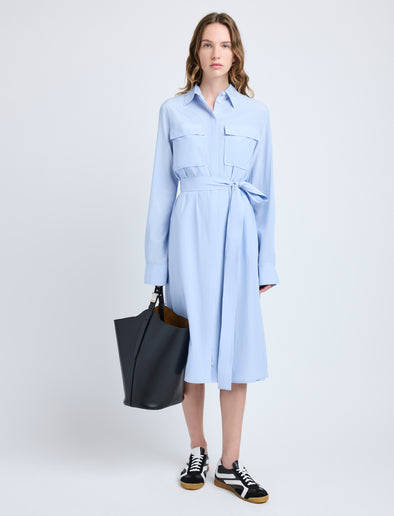 Proenza Schouler Front full length image of model wearing McKenna Dress in Stretch Silk Viscose in Pale Blue