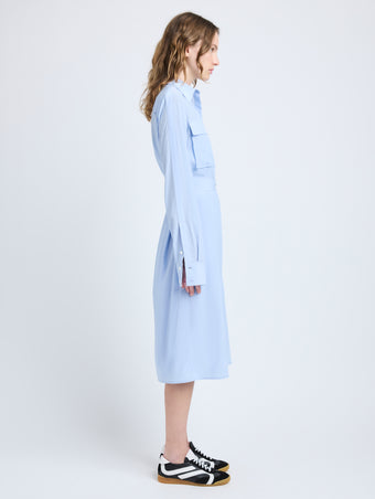 Proenza Schouler Side full length image of model wearing McKenna Dress in Stretch Silk Viscose in Pale Blue