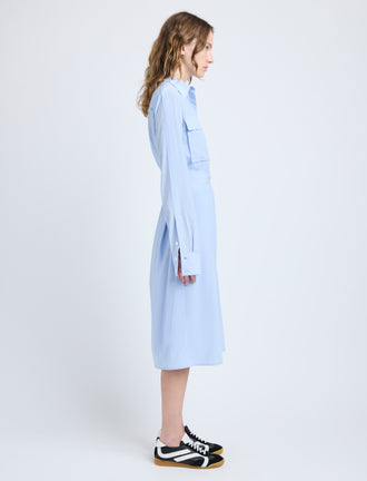 Proenza Schouler Side full length image of model wearing McKenna Dress in Stretch Silk Viscose in Pale Blue
