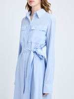 Proenza Schouler Detail image of model wearing McKenna Dress in Stretch Silk Viscose in Pale Blue