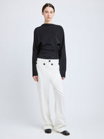 Proenza Schouler Front full length image of model wearing Keegan Top in Stretch Silk Viscose in Black