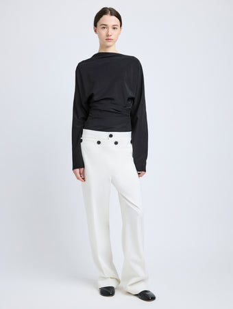 Proenza Schouler Front full length image of model wearing Keegan Top in Stretch Silk Viscose in Black