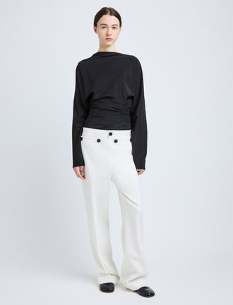 Proenza Schouler Front full length image of model wearing Keegan Top in Stretch Silk Viscose in Black