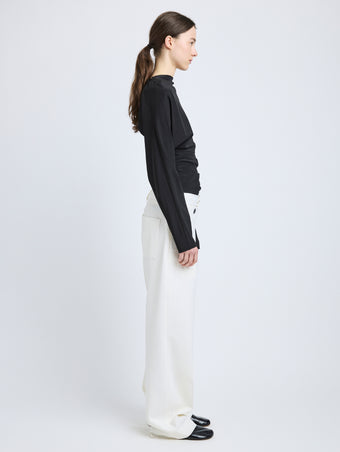 Proenza Schouler Side full length image of model wearing Keegan Top in Stretch Silk Viscose in Black