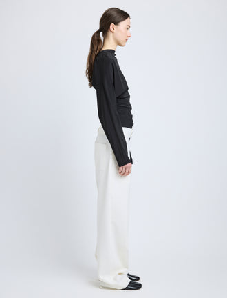 Proenza Schouler Side full length image of model wearing Keegan Top in Stretch Silk Viscose in Black