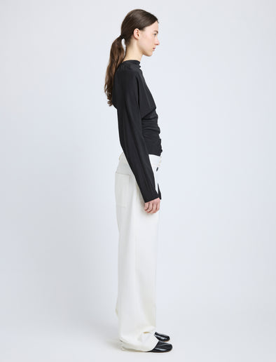 Proenza Schouler Side full length image of model wearing Keegan Top in Stretch Silk Viscose in Black