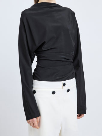 Proenza Schouler Detail image of model wearing Keegan Top in Stretch Silk Viscose in Black