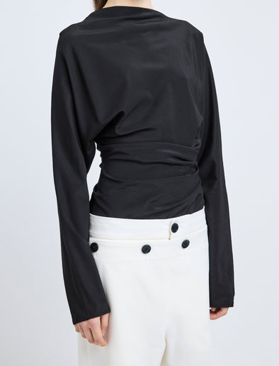 Proenza Schouler Detail image of model wearing Keegan Top in Stretch Silk Viscose in Black