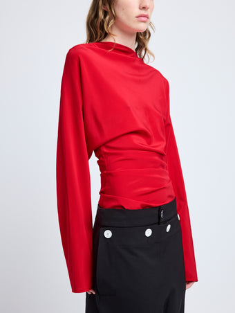 Proenza Schouler Detail image of model wearing Keegan Top in Stretch Silk Viscose in Red