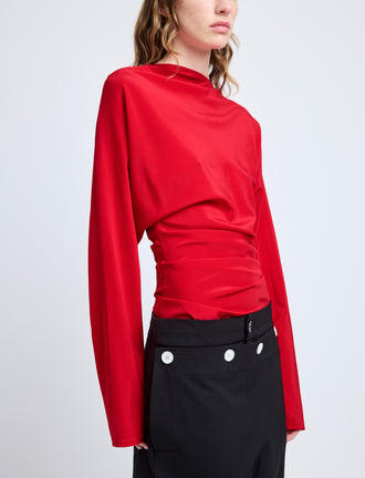 Proenza Schouler Detail image of model wearing Keegan Top in Stretch Silk Viscose in Red