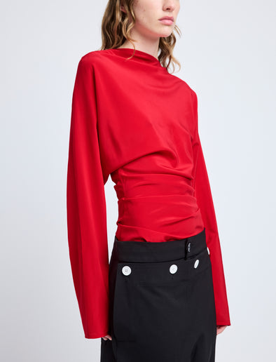Proenza Schouler Detail image of model wearing Keegan Top in Stretch Silk Viscose in Red