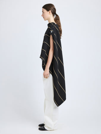 Proenza Schouler Side full length image of model wearing Sutton Top in Stripe Bi-Stretch Viscose in Black Multi