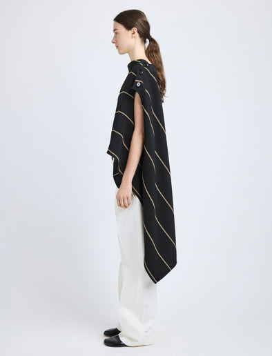 Proenza Schouler Side full length image of model wearing Sutton Top in Stripe Bi-Stretch Viscose in Black Multi