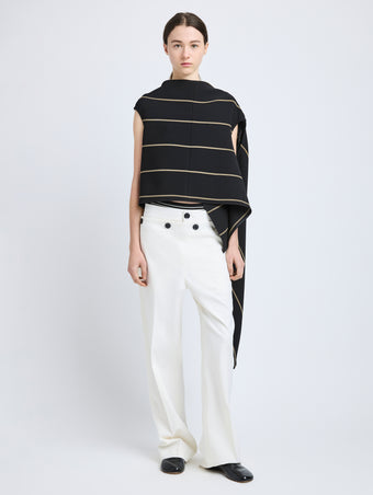 Proenza Schouler Front full length image of model wearing Sutton Top in Stripe Bi-Stretch Viscose in Black Multi