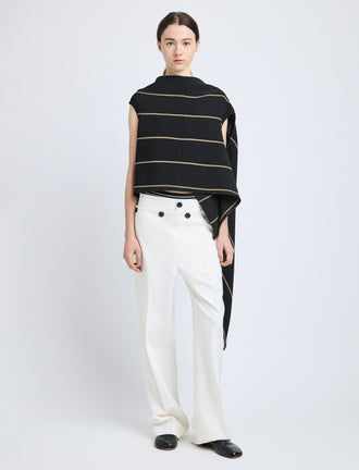 Proenza Schouler Front full length image of model wearing Sutton Top in Stripe Bi-Stretch Viscose in Black Multi