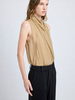Proenza Schouler Detail image of model wearing Sage Top in Crepe Jersey in Khaki