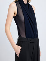 Proenza Schouler Detail image of model wearing Sage Top in Crepe Jersey in Midnight