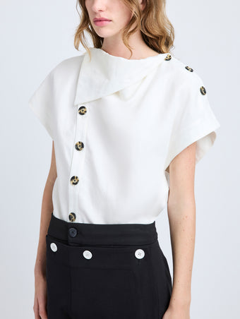 Proenza Schouler Detail image of model wearing Zion Top in Linen Viscose in Off White