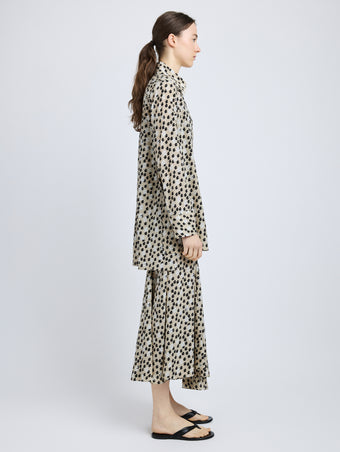 Proenza Schouler Side image of model wearing Emmeline Shirt in Printed Silk Viscose in Sand Multi