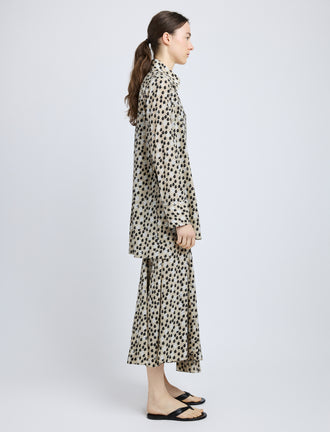 Proenza Schouler Side image of model wearing Emmeline Shirt in Printed Silk Viscose in Sand Multi