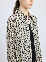 Proenza Schouler Detail image of model wearing Emmeline Shirt in Printed Silk Viscose in Sand Multi